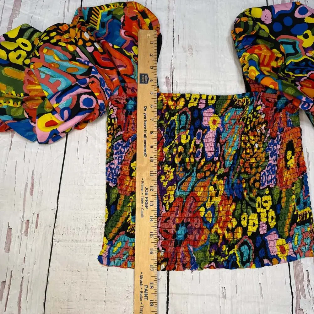 Live 4 Truth Smocked Abstract Graffiti Print Puff Sleeve Crop Top - Picture 8 of 8